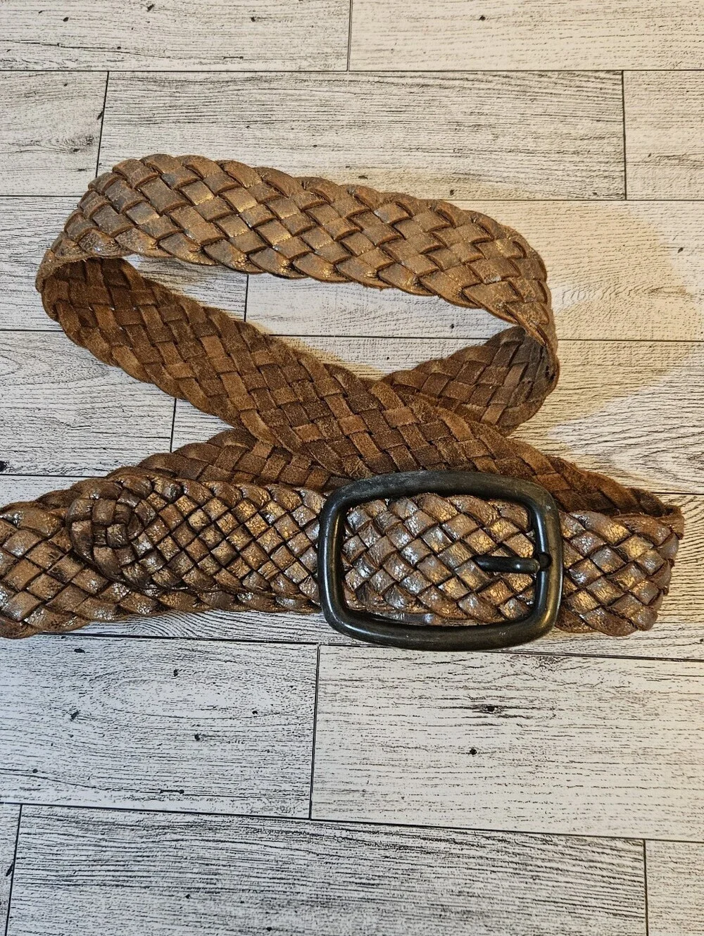 Vintage Gold Metallic Braided Leather Belt Boho 42